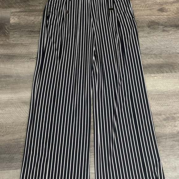 Sabrina Lauren Pants - Sabrina Lauren Stripe Pull On Wide Leg Pants with Button Detail